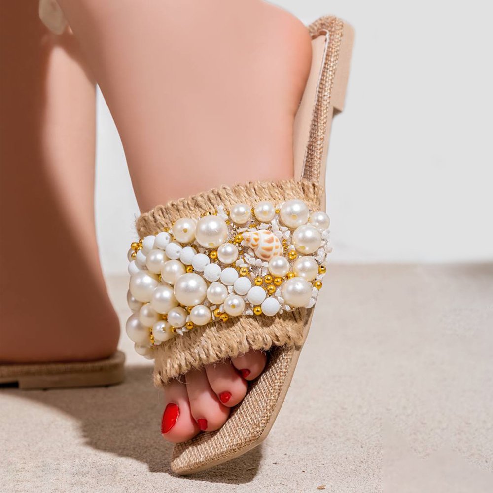 سليبر خيش فلات بلمسة لؤلؤ وصدف يدوي 6 سليبر خيش فلات بلمسة لؤلؤ وصدف يدوي - الصورة 6